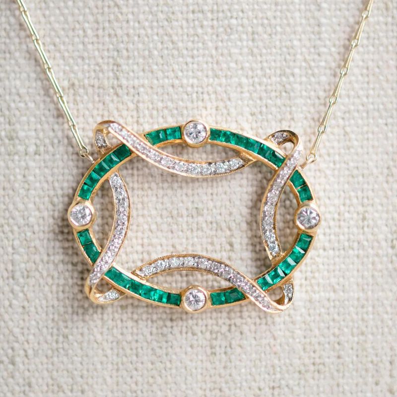 Golden Openwork Design Emerald & White Sapphire Round & Baguette Cut Pendant Necklace For Women Belovegrace