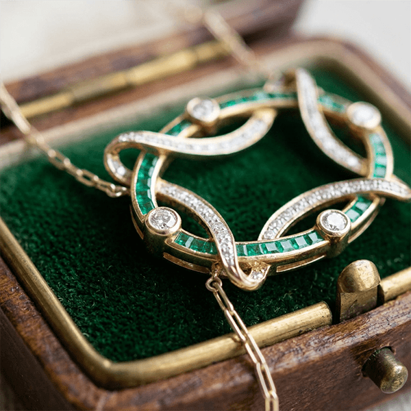 Golden Openwork Design Emerald & White Sapphire Round & Baguette Cut Pendant Necklace For Women