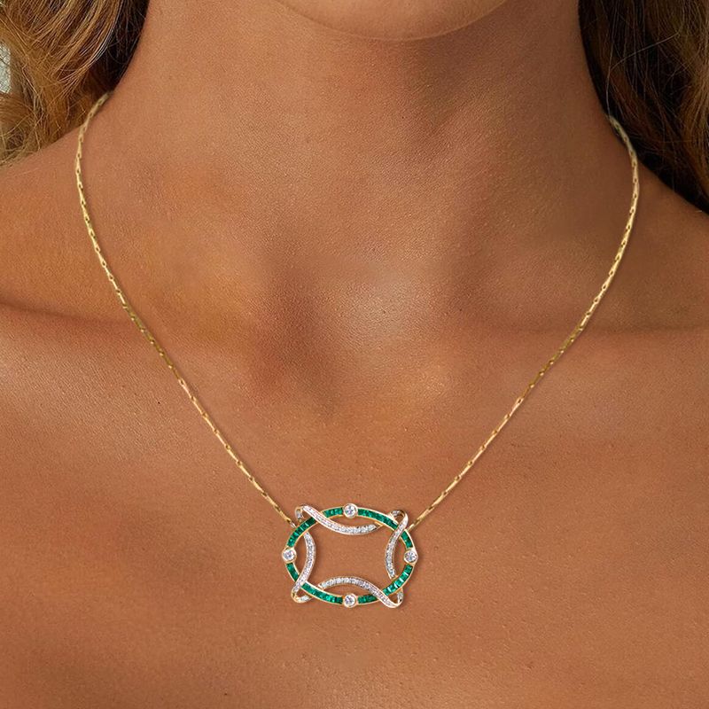 Golden Openwork Design Emerald & White Sapphire Round & Baguette Cut Pendant Necklace For Women Belovegrace