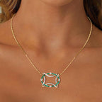 Golden Openwork Design Emerald & White Sapphire Round & Baguette Cut Pendant Necklace For Women Belovegrace