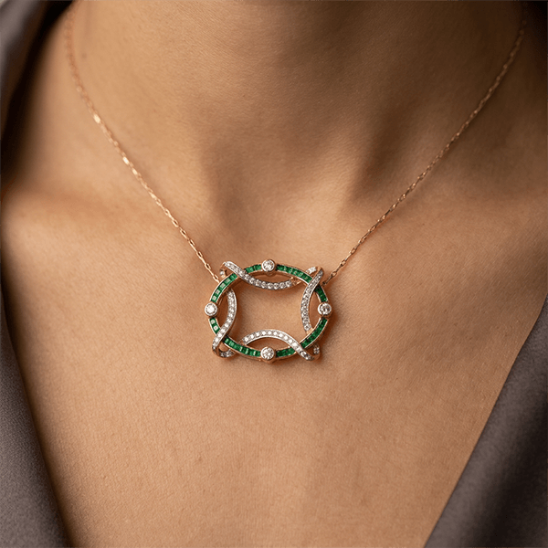 Golden Openwork Design Emerald & White Sapphire Round & Baguette Cut Pendant Necklace For Women