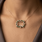 Golden Openwork Design Emerald & White Sapphire Round & Baguette Cut Pendant Necklace For Women