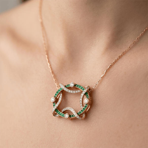 Golden Openwork Design Emerald & White Sapphire Round & Baguette Cut Pendant Necklace For Women
