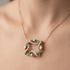 Golden Openwork Design Emerald & White Sapphire Round & Baguette Cut Pendant Necklace For Women