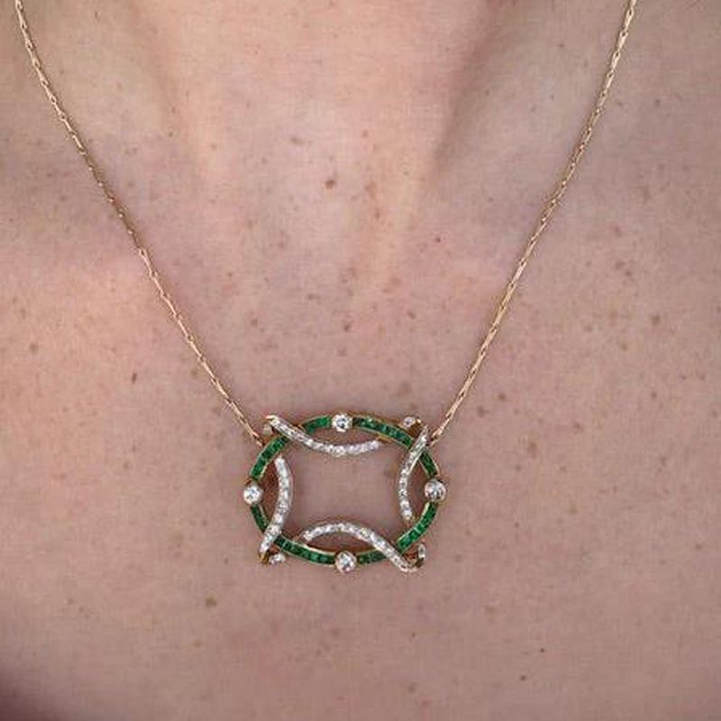 Golden Openwork Design Emerald & White Sapphire Round & Baguette Cut Pendant Necklace For Women Belovegrace