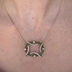 Golden Openwork Design Emerald & White Sapphire Round & Baguette Cut Pendant Necklace For Women Belovegrace