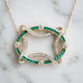 Golden Openwork Design Emerald & White Sapphire Round & Baguette Cut Pendant Necklace For Women