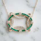 Golden Openwork Design Emerald & White Sapphire Round & Baguette Cut Pendant Necklace For Women