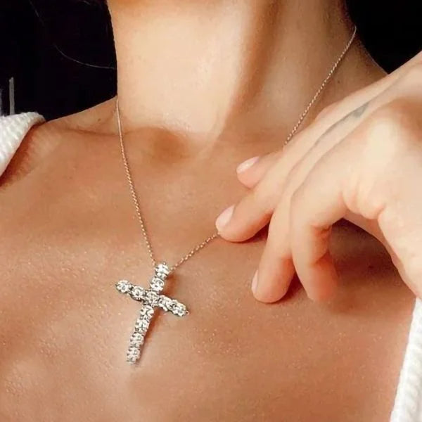Classic Round Cut White Sapphire Cross Pendant Necklace For Women Belovegrace