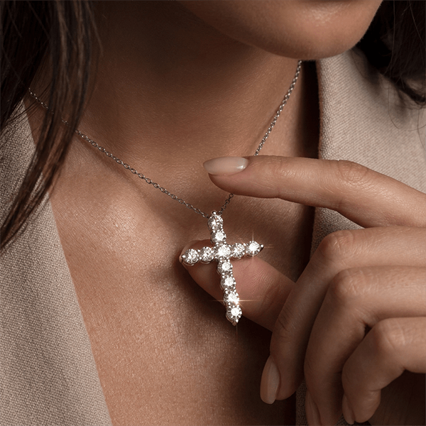 Classic Round Cut White Sapphire Cross Pendant Necklace For Women