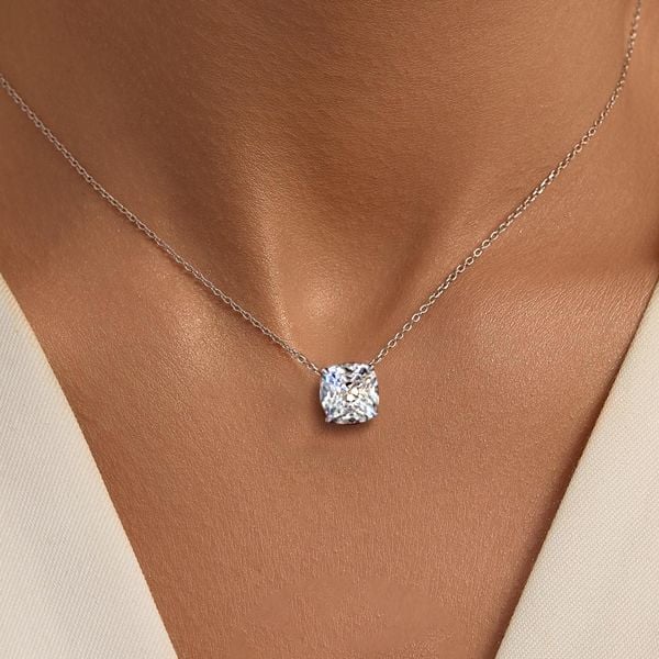 Solitaire 4 Prong Cushion Cut White Sapphire Pendant Necklace For Women Belovegrace