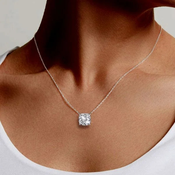 Solitaire 4 Prong Cushion Cut White Sapphire Pendant Necklace For Women Belovegrace