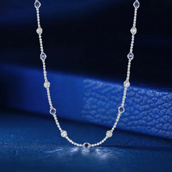 Classic Bezel Set Round Cut Blue & White Sapphire Tennis Necklace For Women Belovegrace