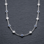 Classic Bezel Set Round Cut Blue & White Sapphire Tennis Necklace For Women