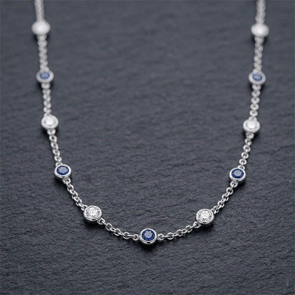 Classic Bezel Set Round Cut Blue & White Sapphire Tennis Necklace For Women