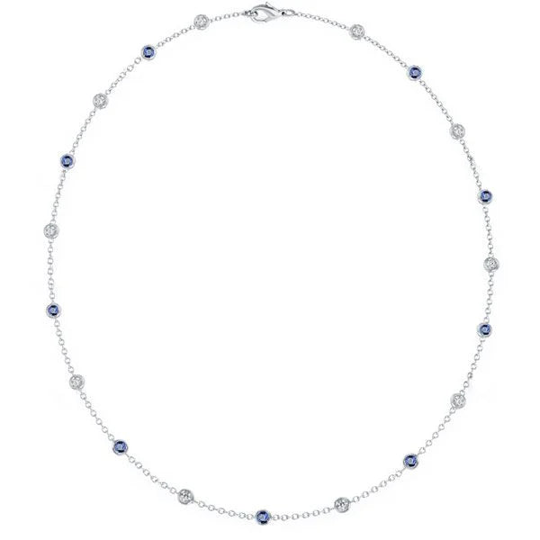 Classic Bezel Set Round Cut Blue & White Sapphire Tennis Necklace For Women Belovegrace