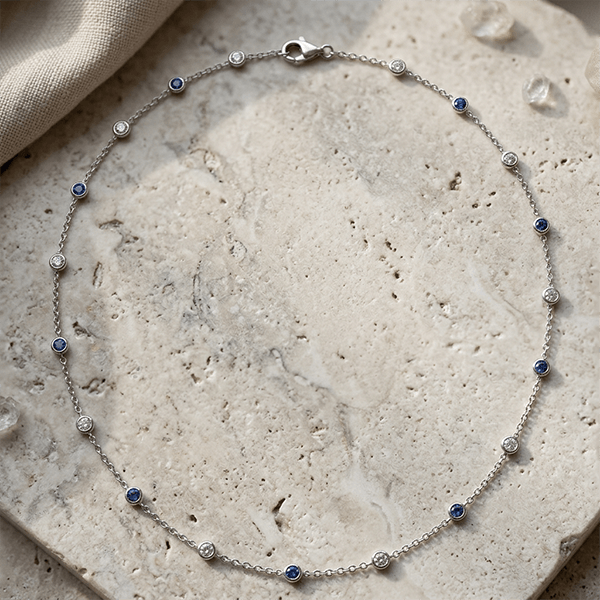 Classic Bezel Set Round Cut Blue & White Sapphire Tennis Necklace For Women
