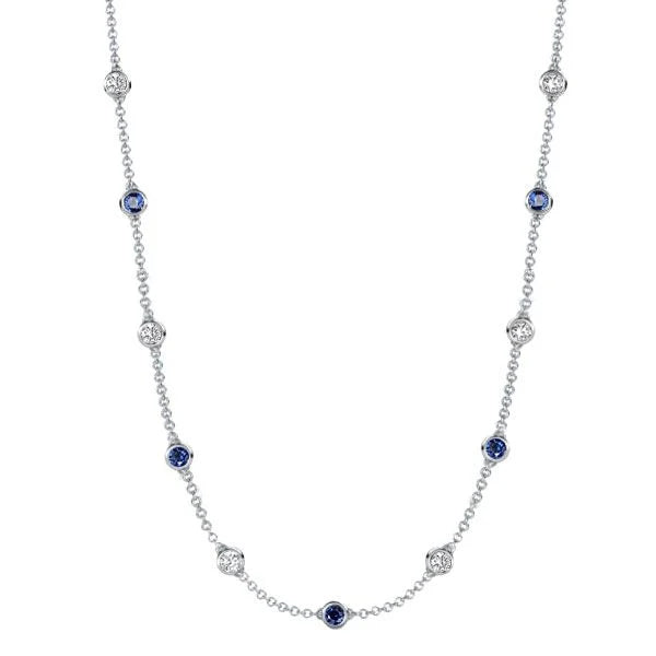 Classic Bezel Set Round Cut Blue & White Sapphire Tennis Necklace For Women Belovegrace
