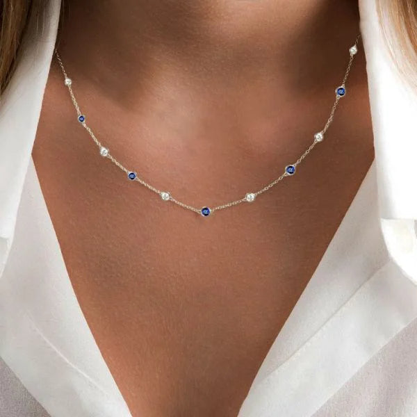 Classic Bezel Set Round Cut Blue & White Sapphire Tennis Necklace For Women Belovegrace