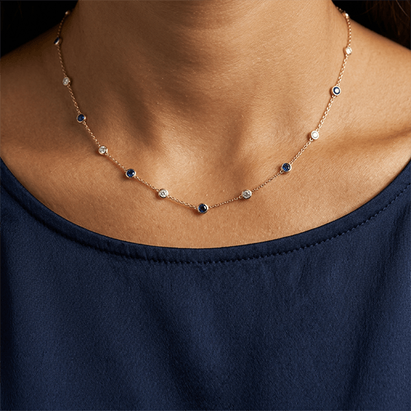 Classic Bezel Set Round Cut Blue & White Sapphire Tennis Necklace For Women
