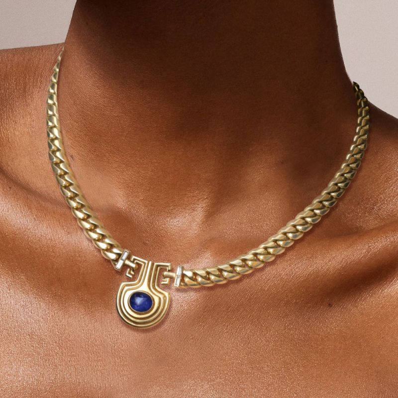 Vintage Golden Oval Cut Blue Sapphire Cabochon Necklace For Women Belovegrace