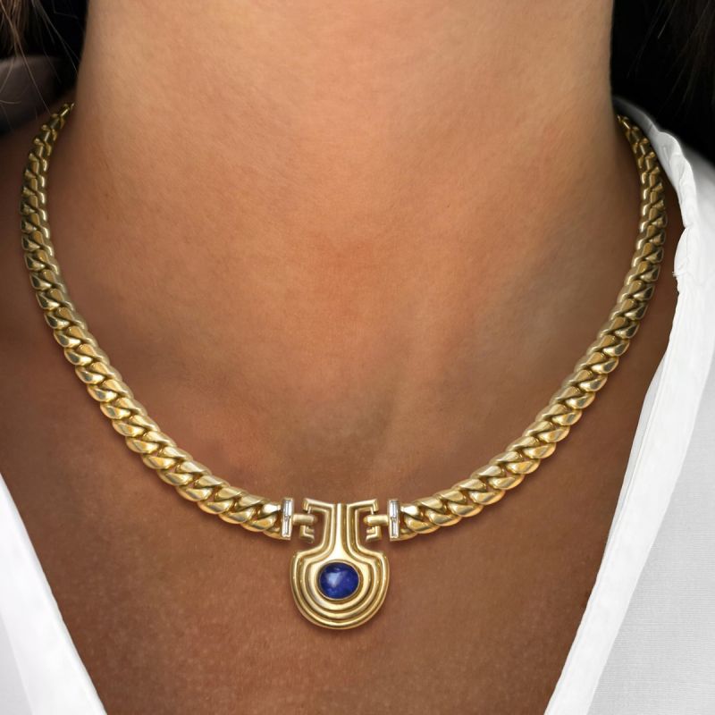 Vintage Golden Oval Cut Blue Sapphire Cabochon Necklace For Women Belovegrace