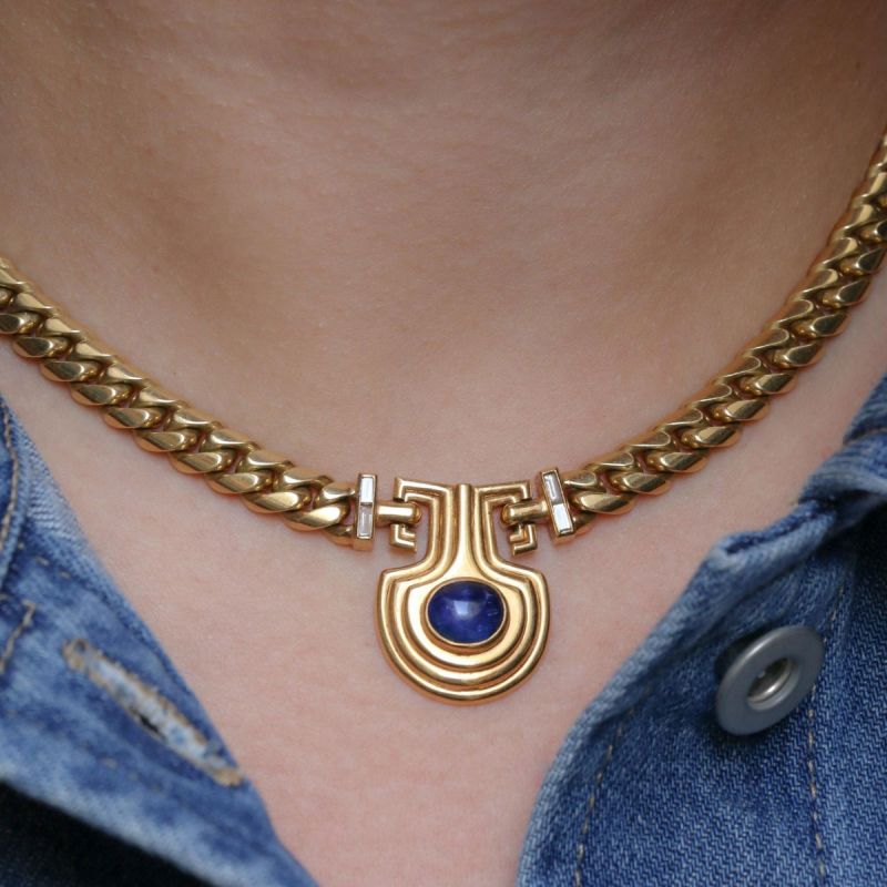 Vintage Golden Oval Cut Blue Sapphire Cabochon Necklace For Women Belovegrace