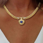 Vintage Golden Oval Cut Blue Sapphire Cabochon Necklace For Women Belovegrace