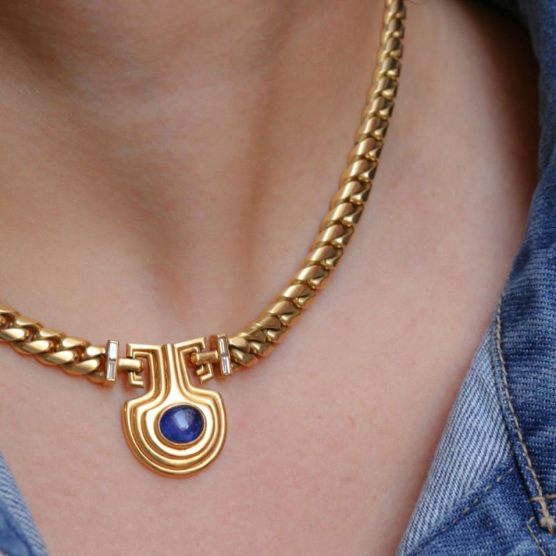 Vintage Golden Oval Cut Blue Sapphire Cabochon Necklace For Women Belovegrace