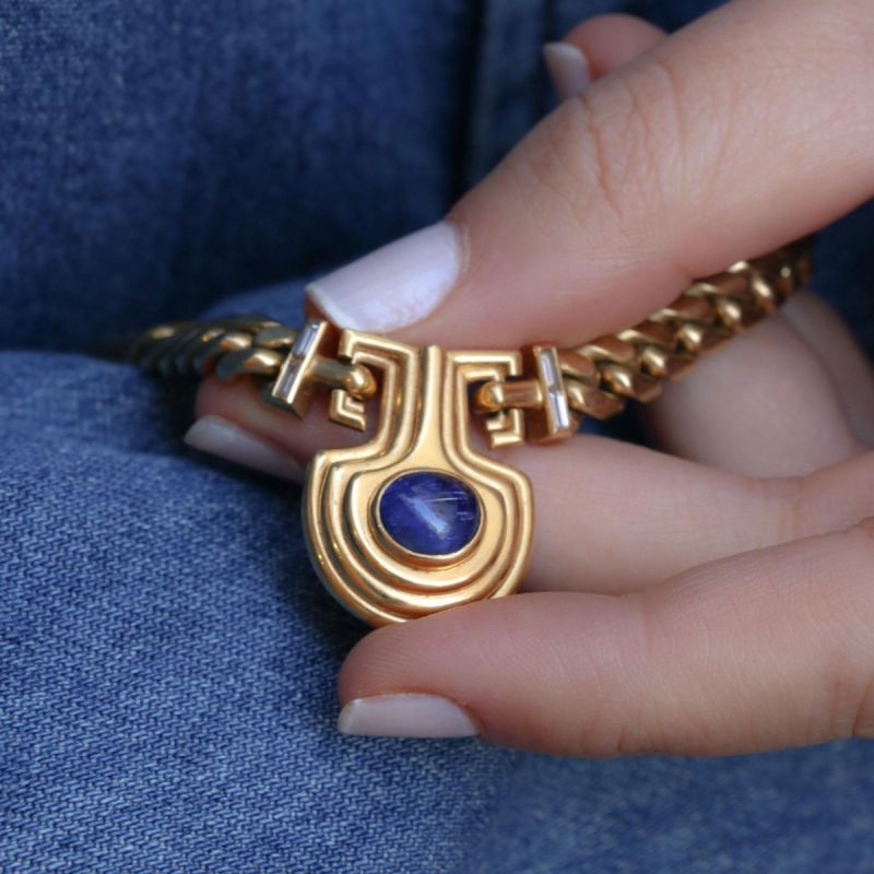 Vintage Golden Oval Cut Blue Sapphire Cabochon Necklace For Women Belovegrace