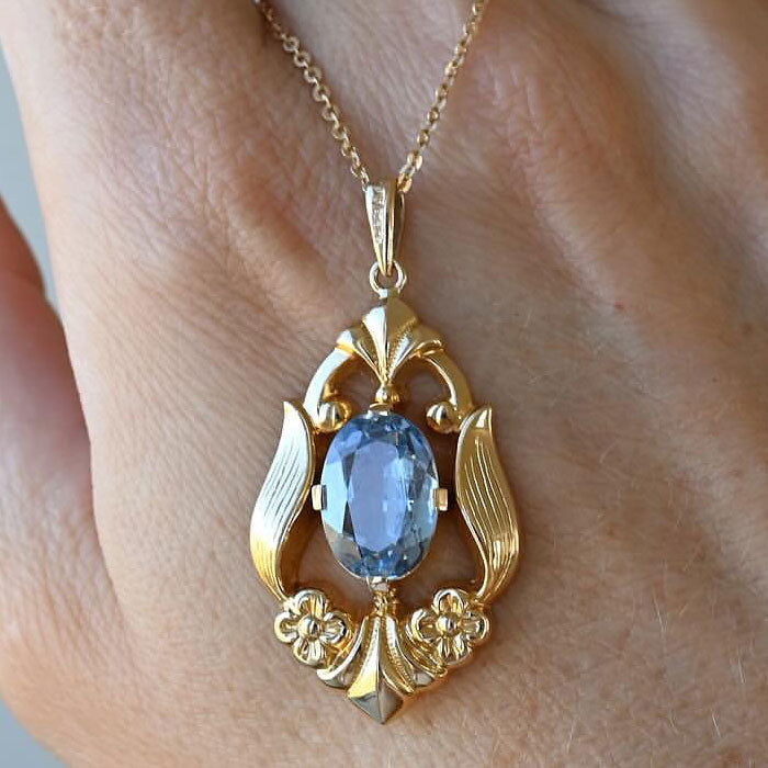 Golden Antique Oval Cut Blue Topaz Pendant Necklace For Women Belovegrace