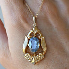 Golden Antique Oval Cut Blue Topaz Pendant Necklace For Women Belovegrace
