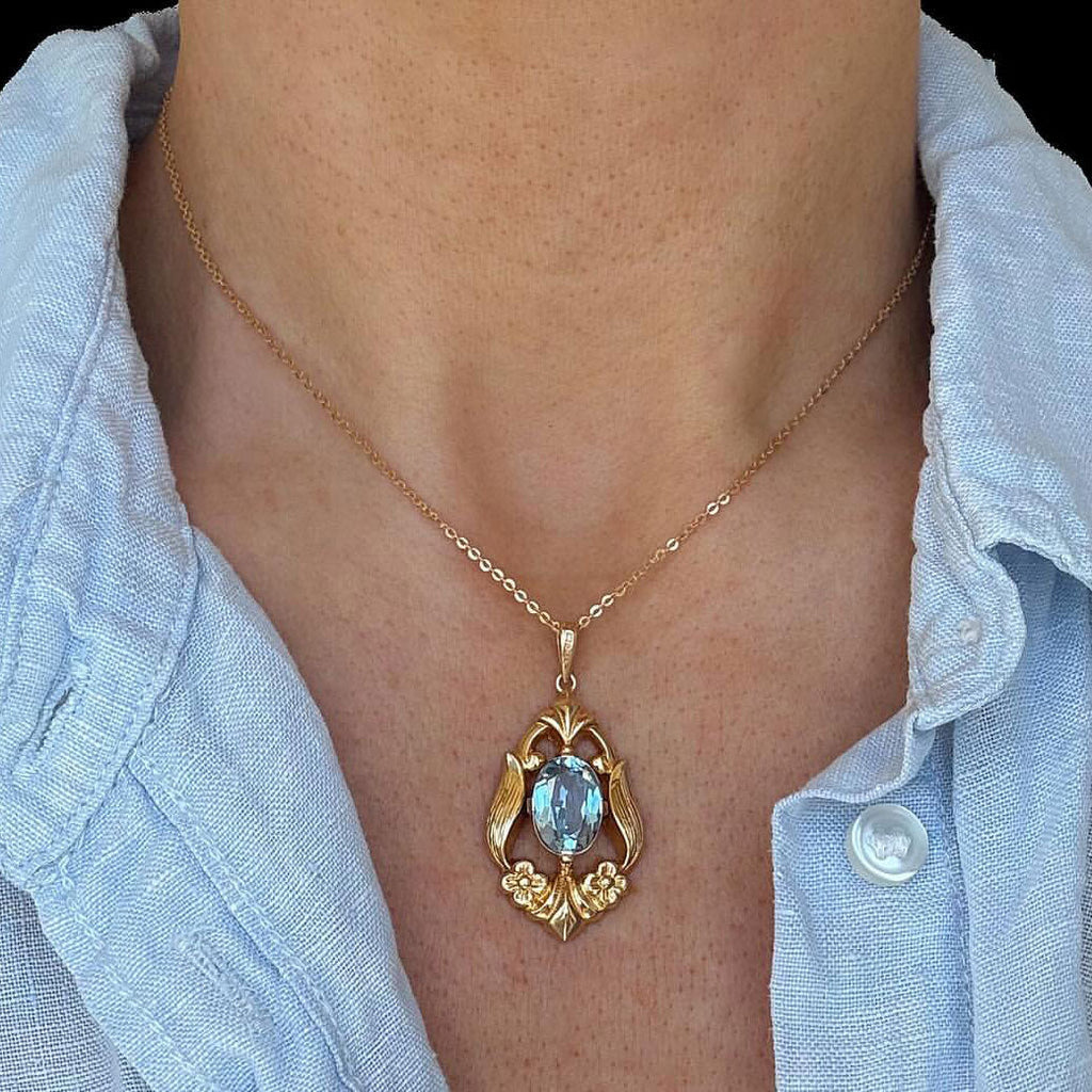 Golden Antique Oval Cut Blue Topaz Pendant Necklace For Women Belovegrace