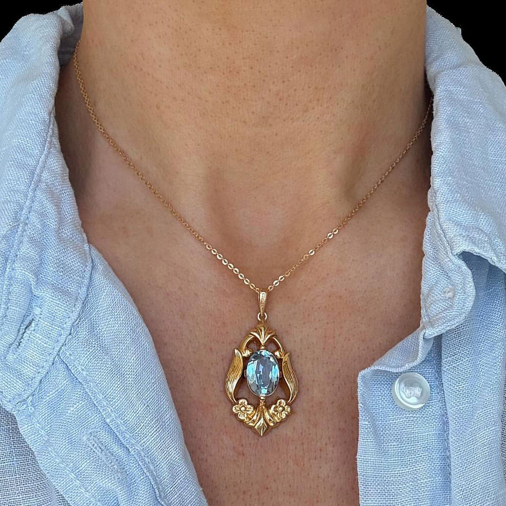 Golden Antique Oval Cut Blue Topaz Pendant Necklace For Women Belovegrace