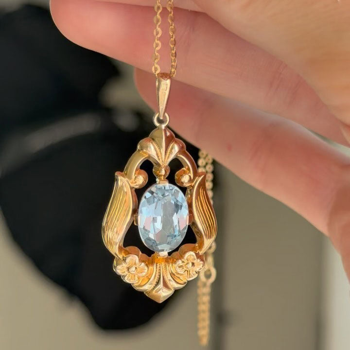 Golden Antique Oval Cut Blue Topaz Pendant Necklace For Women Belovegrace