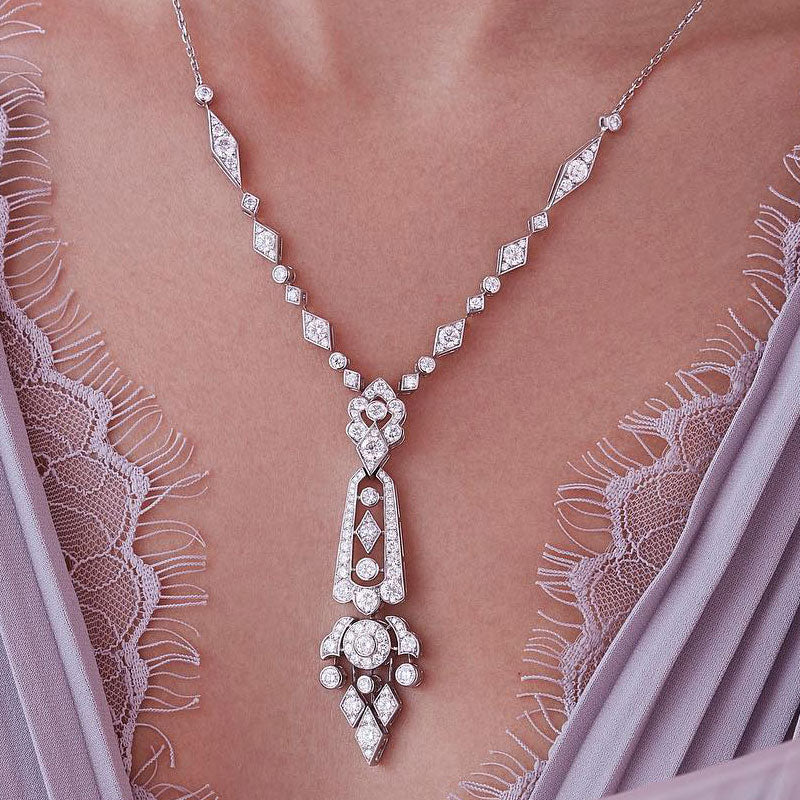 Art Deco Halo Round Cut White Sapphire Pendant Necklace For Women Belovegrace