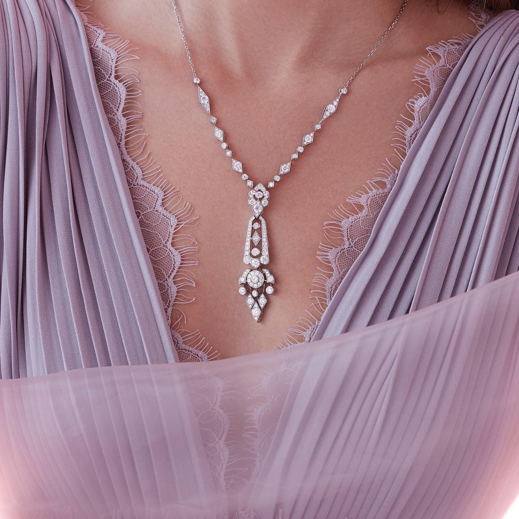 Art Deco Halo Round Cut White Sapphire Pendant Necklace For Women Belovegrace