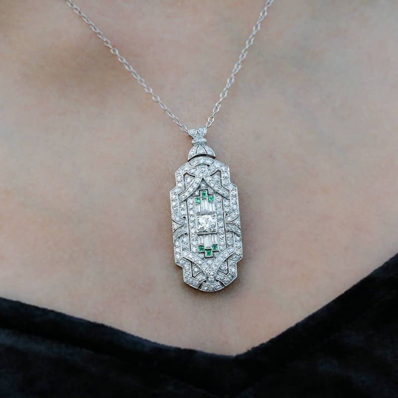 Art Deco Baguette & Round Cut Emerald & White Sapphire Pendant Necklace For Women Belovegrace