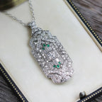 Art Deco Baguette & Round Cut Emerald & White Sapphire Pendant Necklace For Women Belovegrace
