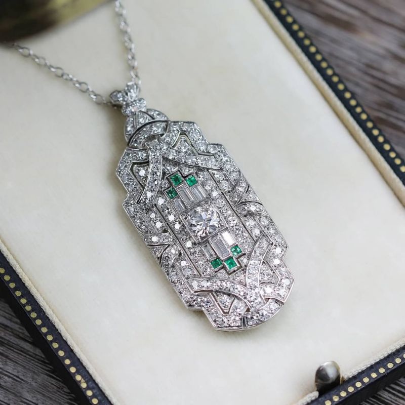 Art Deco Baguette & Round Cut Emerald & White Sapphire Pendant Necklace For Women Belovegrace