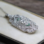 Art Deco Baguette & Round Cut Emerald & White Sapphire Pendant Necklace For Women Belovegrace