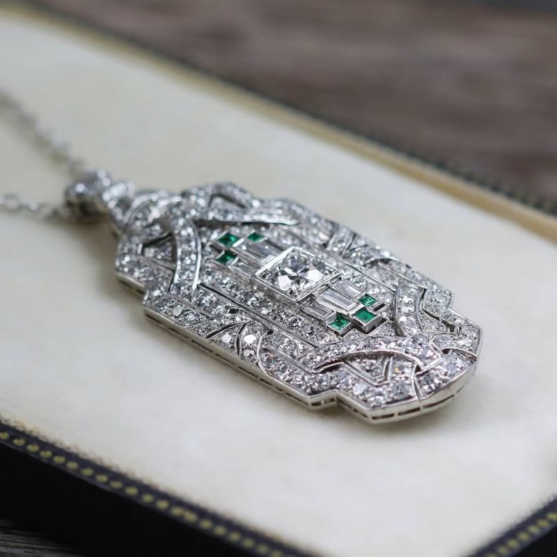 Art Deco Baguette & Round Cut Emerald & White Sapphire Pendant Necklace For Women Belovegrace