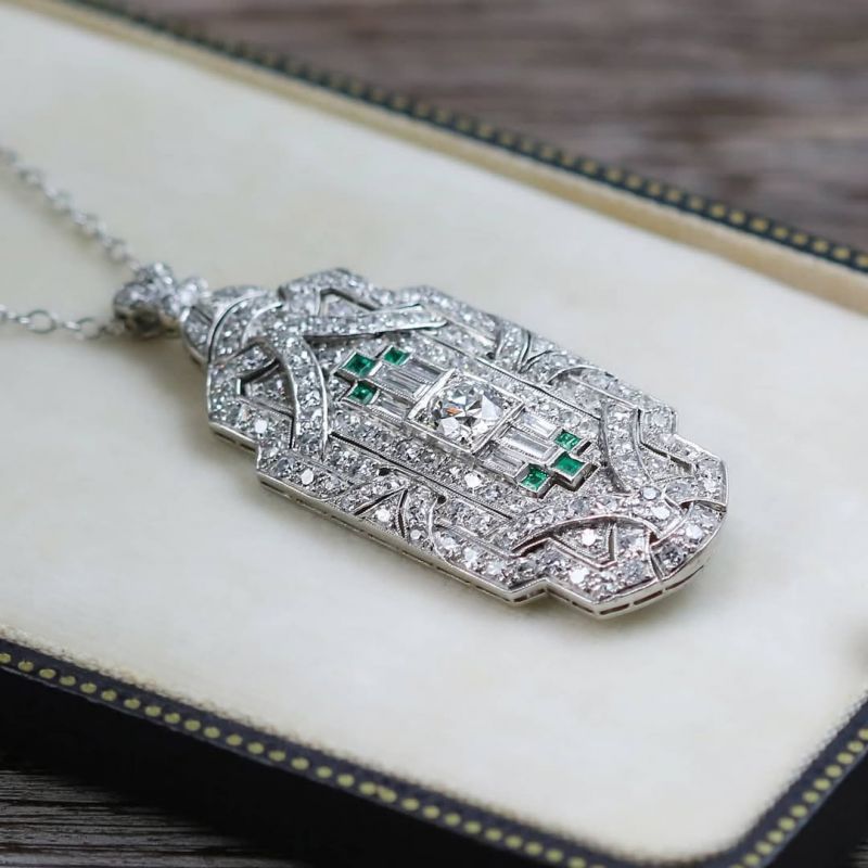 Art Deco Baguette & Round Cut Emerald & White Sapphire Pendant Necklace For Women Belovegrace