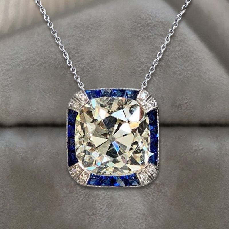 Vintage Halo White & Blue Sapphire Cushion Cut Pendant Necklace For Women Belovegrace