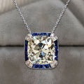 Vintage Halo White & Blue Sapphire Cushion Cut Pendant Necklace For Women Belovegrace