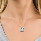Vintage Halo White & Blue Sapphire Cushion Cut Pendant Necklace For Women Belovegrace