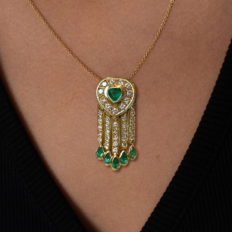 Golden Bezel Heart & Pear Cut Emerald & White Sapphire Vintage Pendant Necklace For Women Belovegrace