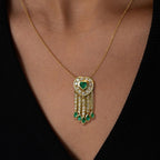 Golden Bezel Heart & Pear Cut Emerald & White Sapphire Vintage Pendant Necklace For Women Belovegrace