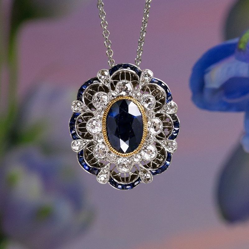 Vintage Two Tone Halo Blue & White Sapphire Oval & Round Cut Pendant Necklace For Women Belovegrace