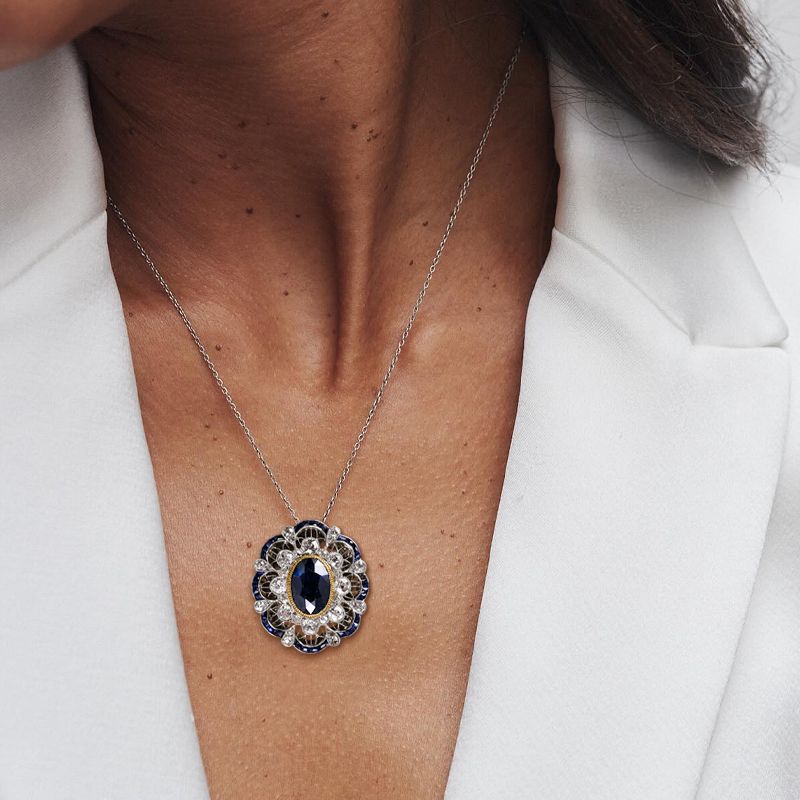 Vintage Two Tone Halo Blue & White Sapphire Oval & Round Cut Pendant Necklace For Women Belovegrace